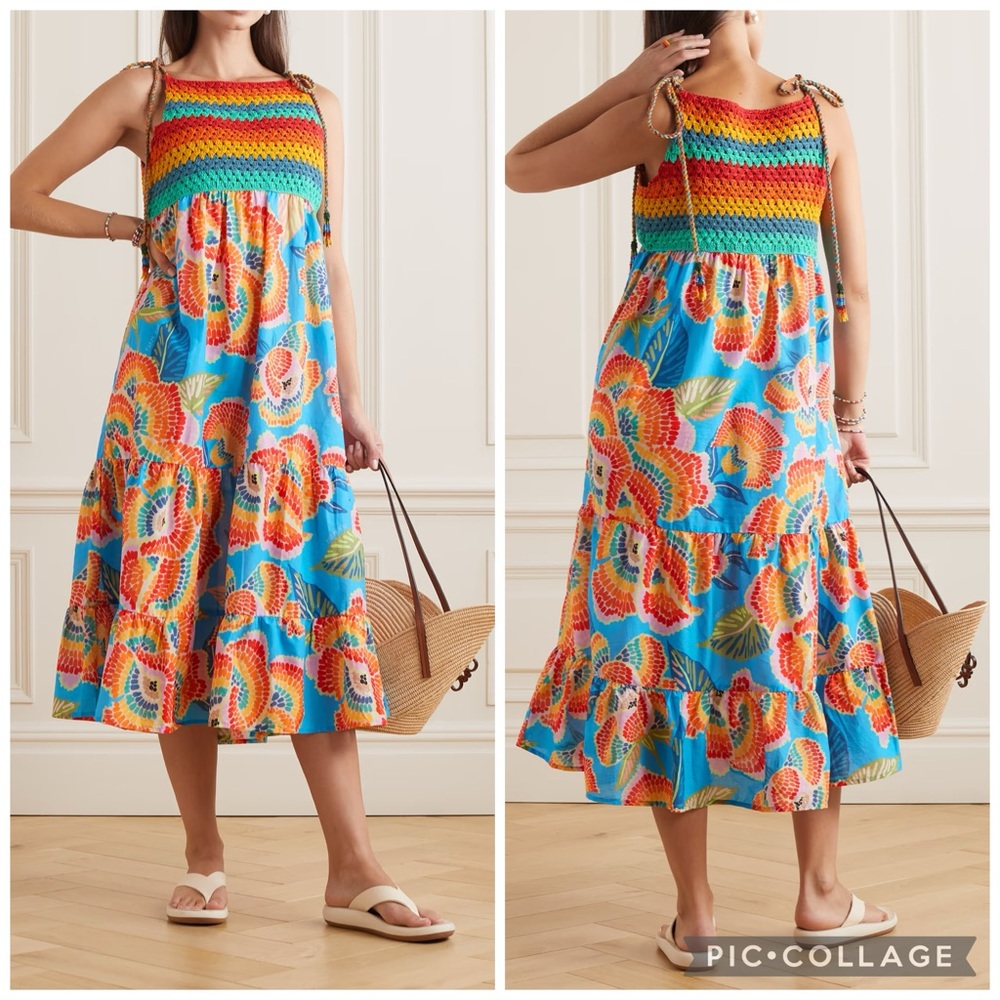 FARM Rio Blue Floral Crochet-Top Midi Dress
